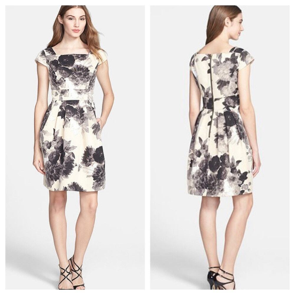 Eliza J‎ Women's Cream Black Floral Pleated Dress Cap Sleeves Pleats Pockets 10